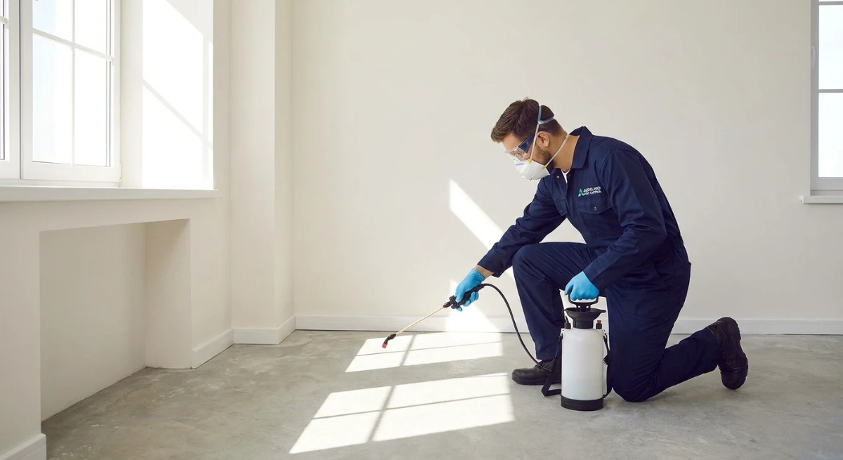 Professional pest control technician spraying baseboards in Auckland home