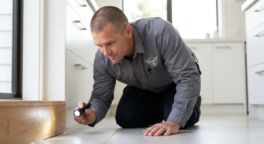 Professional pest technician inspecting for ants in an Auckland home