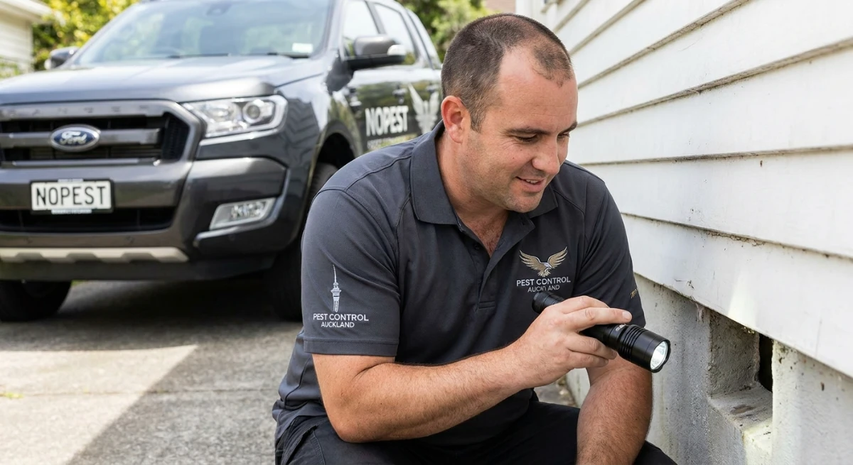 Rodent Proofing Your Home: A Complete Guide for Aucklanders Professional pest technician inspecting subfloor for rodent entry points