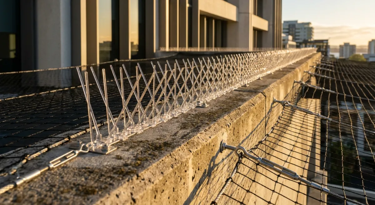 Professional pigeon removal service exclusion methods on a commercial building ledge