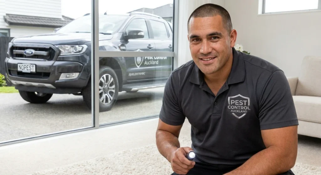 Professional technician inspecting carpet for fleas in Auckland