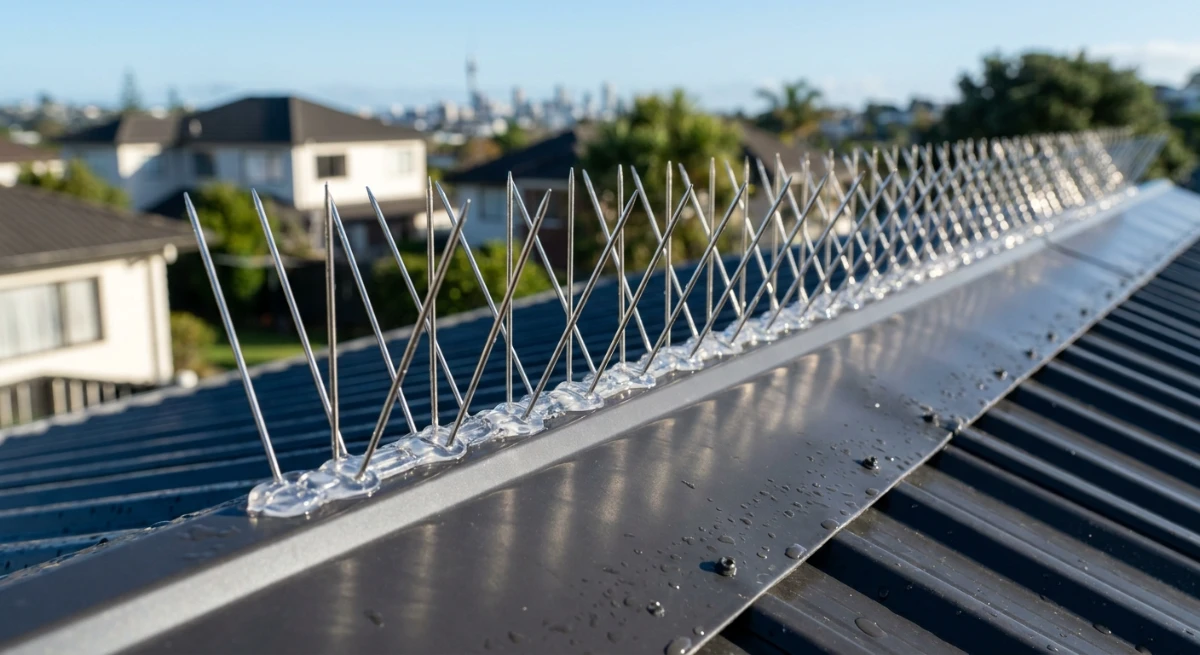 Professionally installed stainless steel bird spikes on a roof ridge