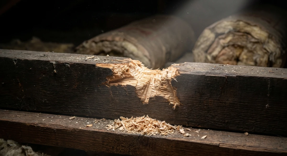 Rat chew marks on an Auckland roof joist
