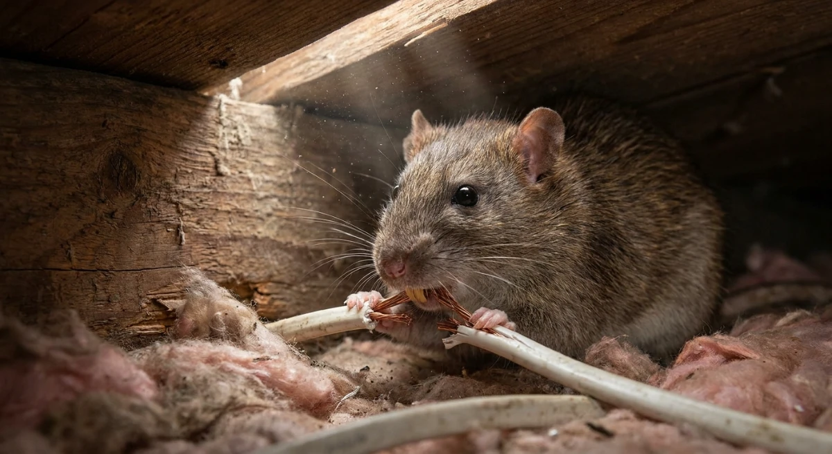 Rat chewing on wiring inside an Auckland roof cavity