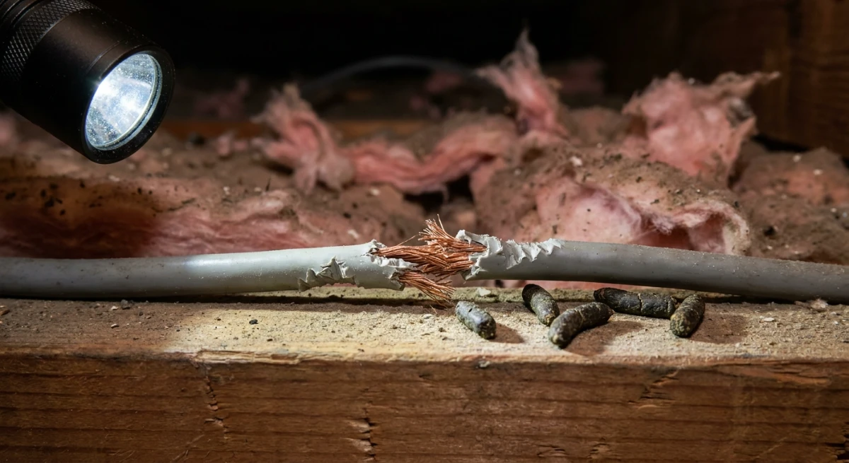 Rat damage and droppings in a commercial ceiling void