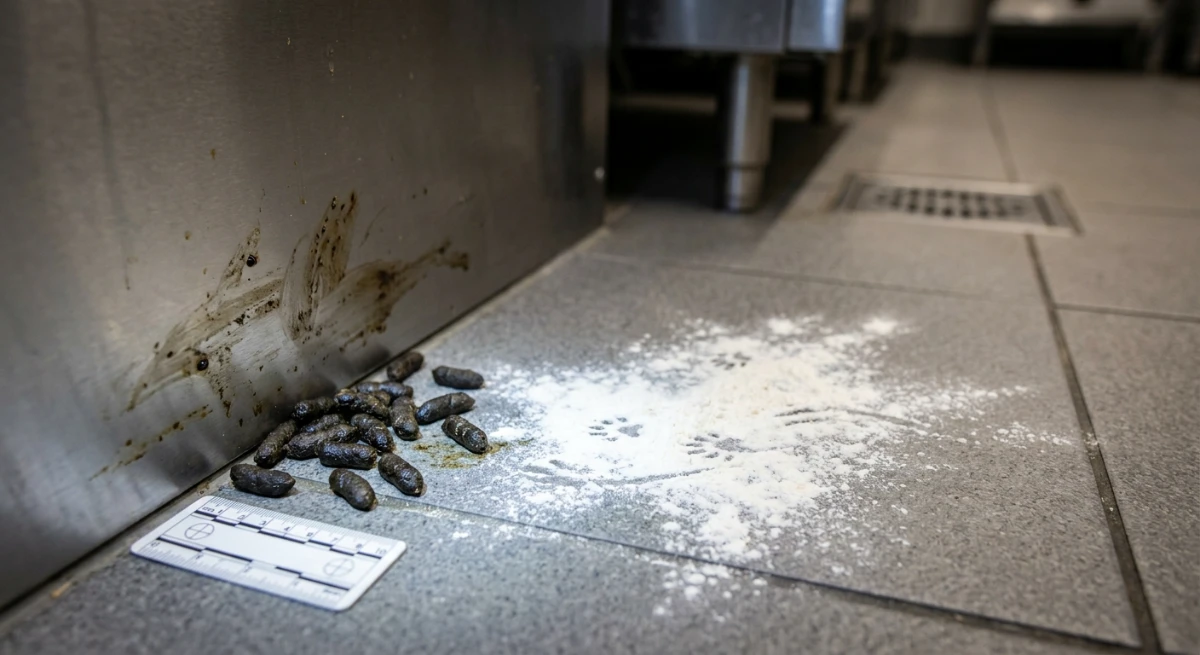 Rat droppings and grease marks along a commercial kitchen wall