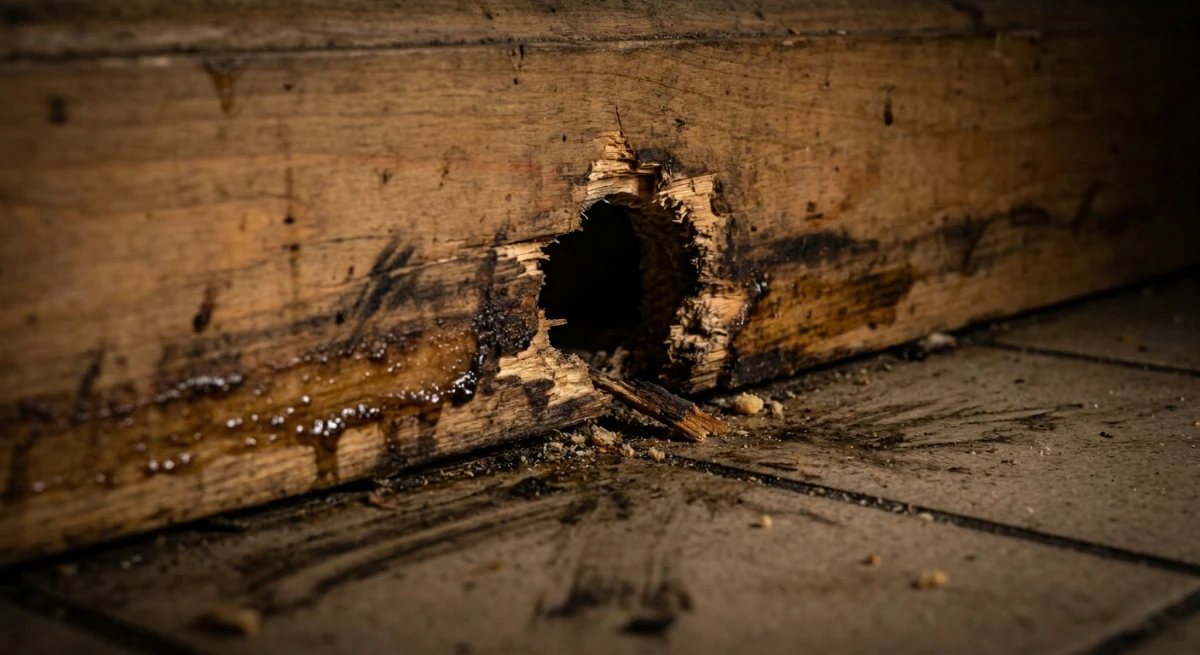 Rat entry point and rub marks in a commercial building baseboard