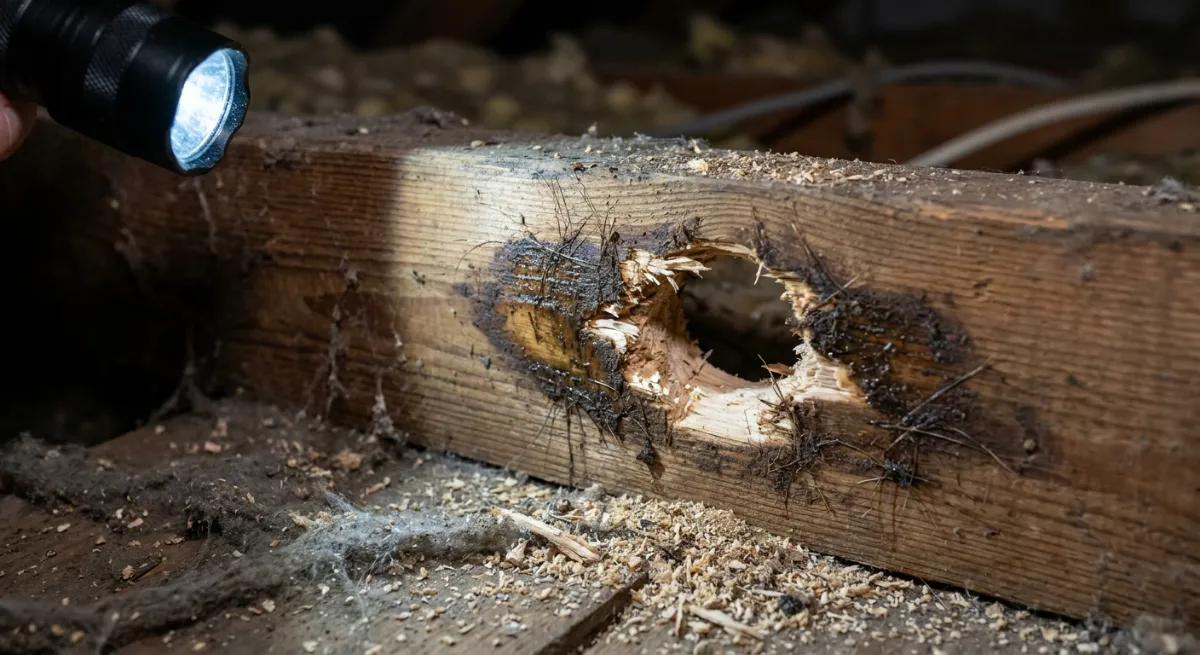 Rat entry point and rub marks in a roof cavity