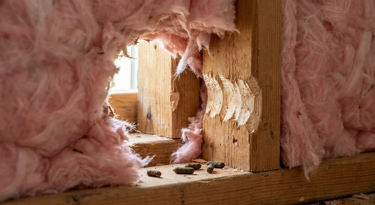 Rat entry point chewed through pink wall insulation