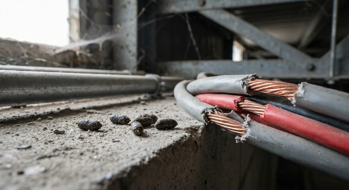 Rat gnaw marks and fresh droppings on commercial electrical wiring
