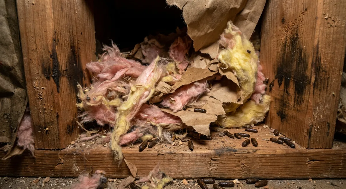 Rat nest and droppings inside a commercial wall void showing disease risk