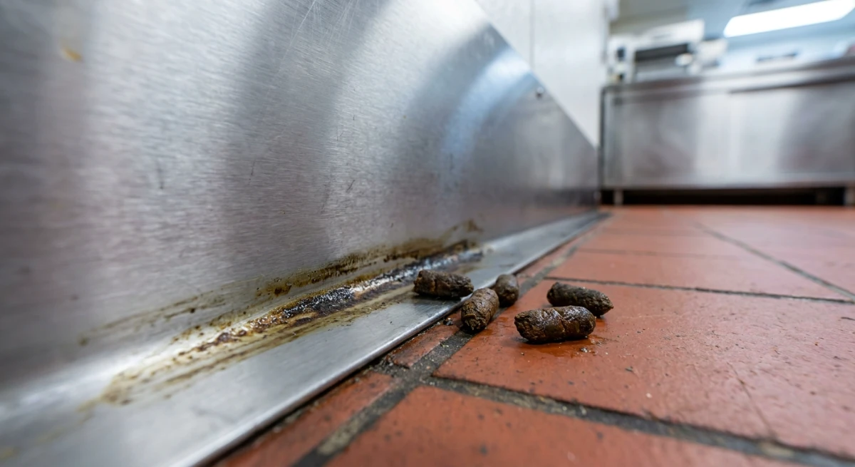 Rat rub marks and droppings along a commercial kitchen stainless steel skirting board