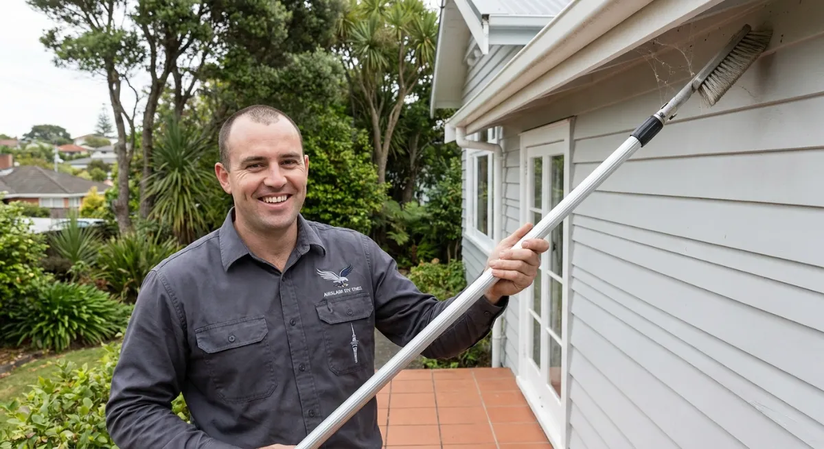 Removing spider nests from Auckland property eaves
