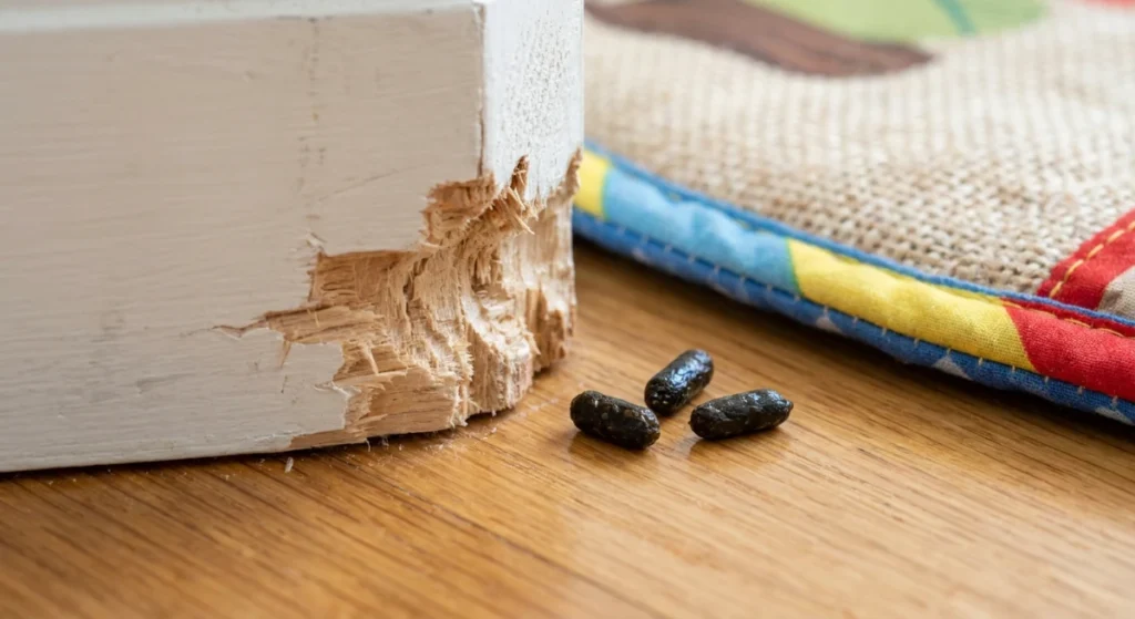 Rodent droppings and chewed skirting board near a baby playmat in an Auckland home