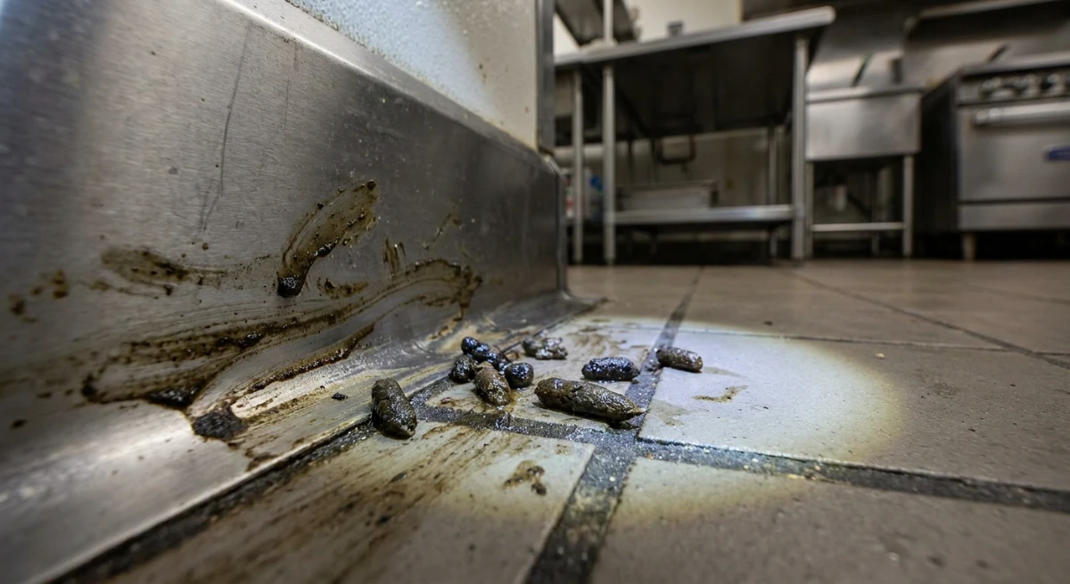 Rodent droppings and grease smear evidence along a commercial kitchen baseboard