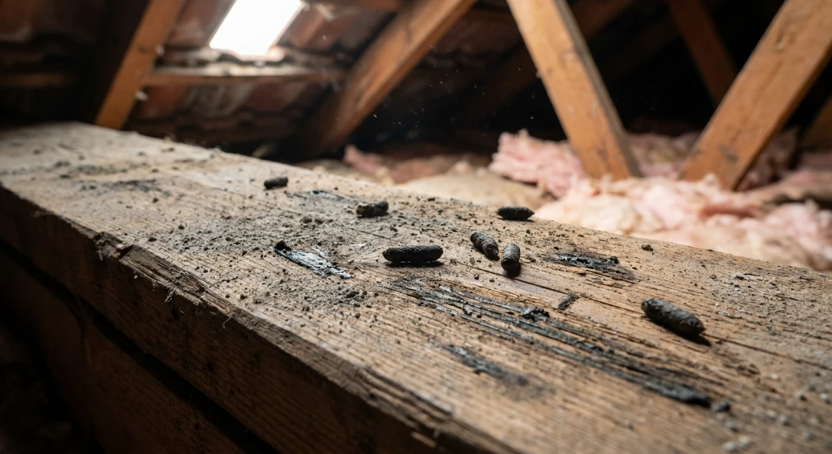Rodent droppings and greasy rub marks in a dusty roof cavity