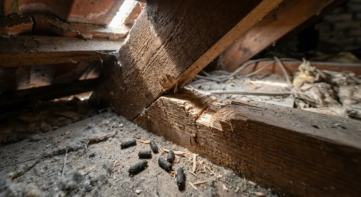 Rodent entry point with gnaw marks in an Auckland roof cavity