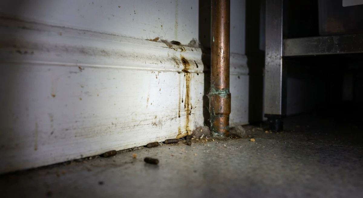 Rodent grease marks and droppings indicating an entry point in a commercial building