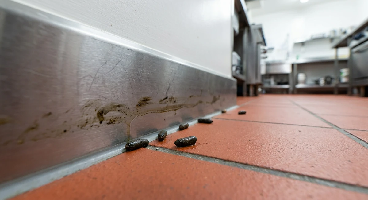 Rodent grease marks and droppings on a stainless steel commercial kitchen skirting board