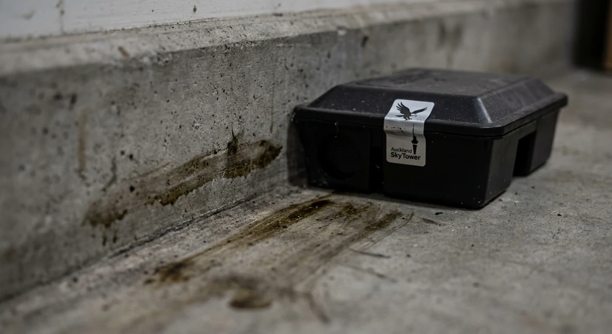 Rodent rub marks leading to a commercial non-toxic monitoring station