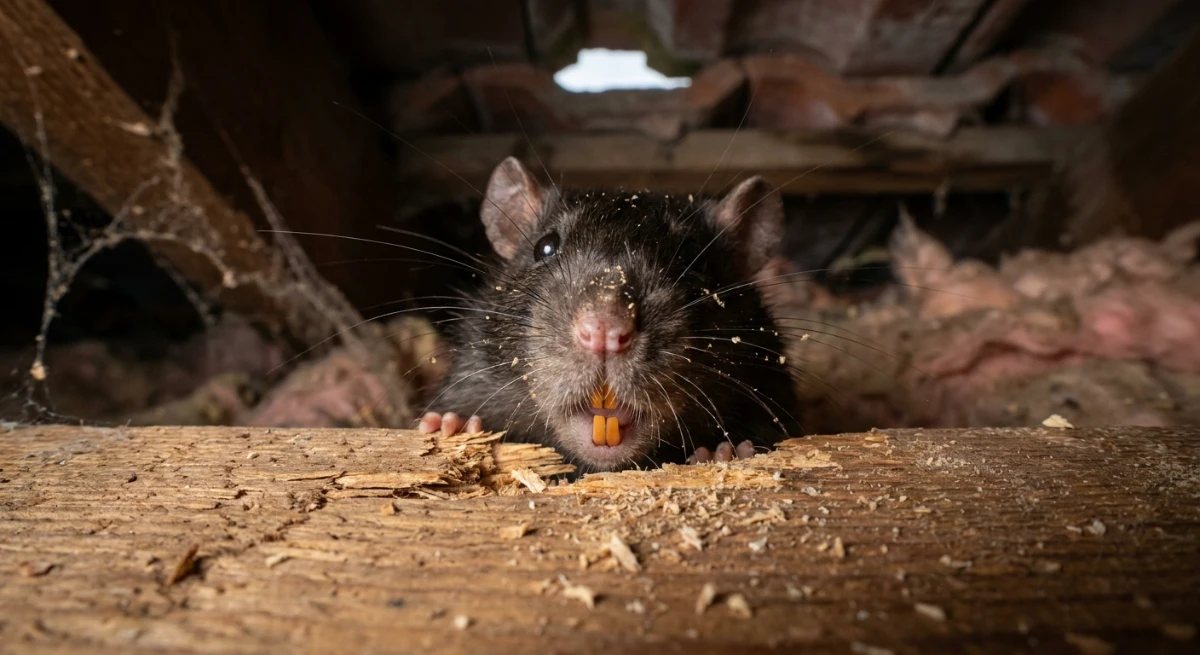 Roof rat causing structural damage in an Auckland home attic
