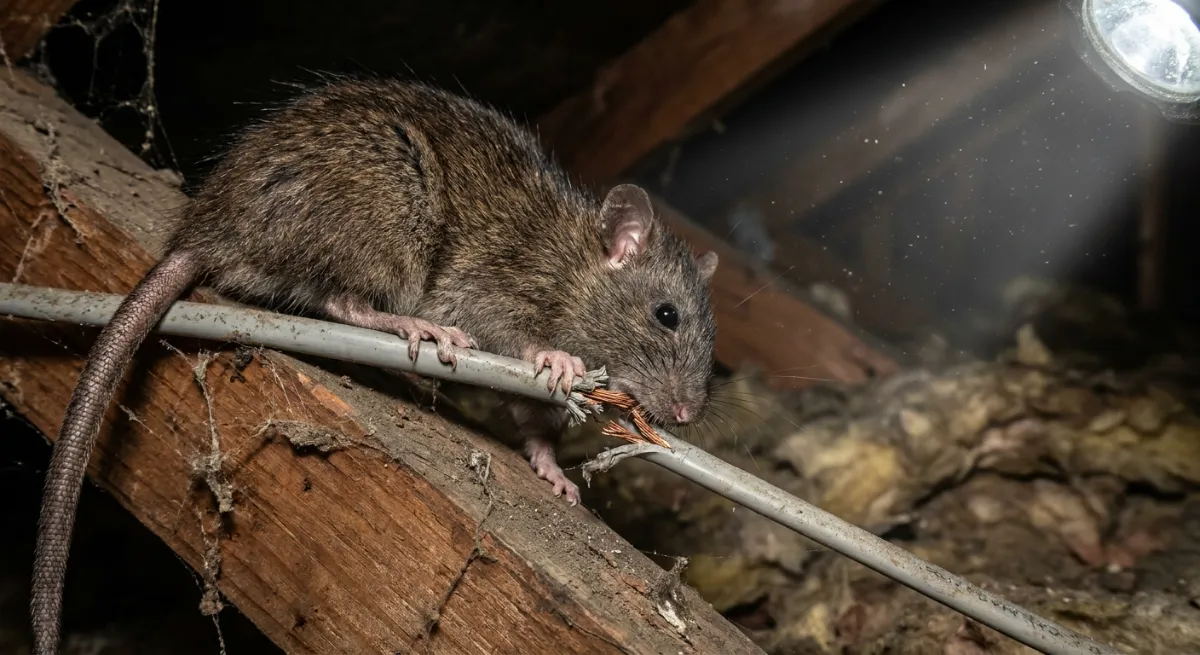 Roof rat chewing electrical wiring in an Auckland ceiling cavity
