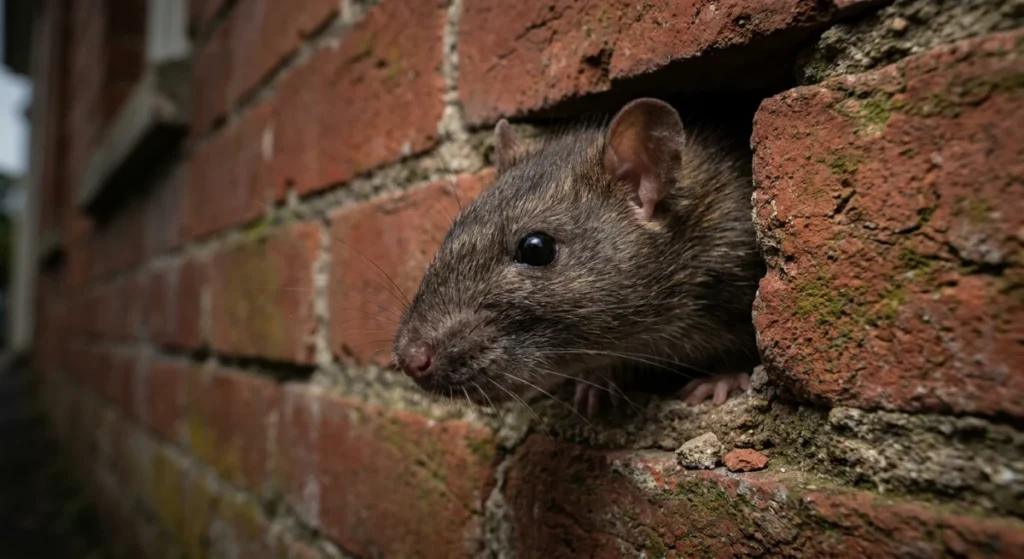 Roof rat entering a heritage brick building in Parnell