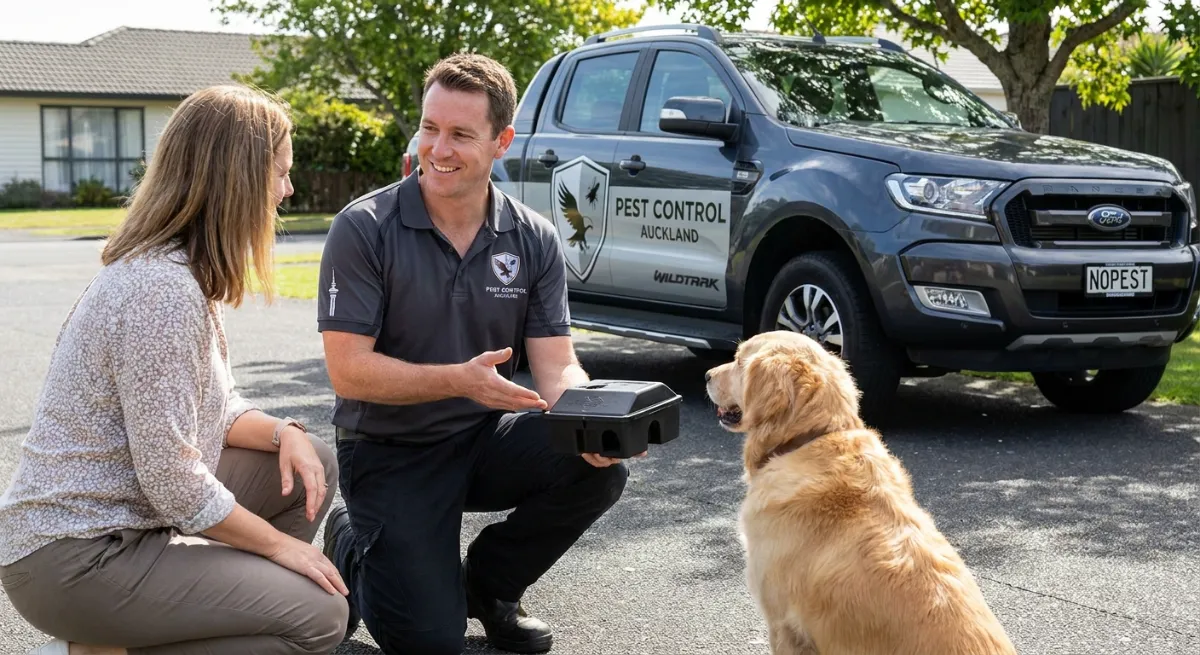 Choosing the Right Pest Control Products: Safety & Efficacy Safe pest control products Auckland technician with homeowner