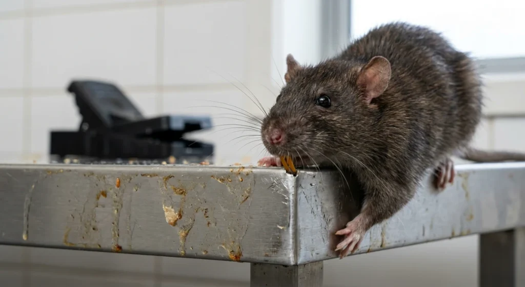 Ship rat gnawing on commercial kitchen storage rack showing grease marks and physical damage