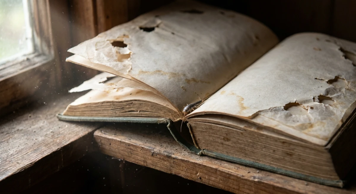 Silverfish damage to an old book showing holes and yellow stains
