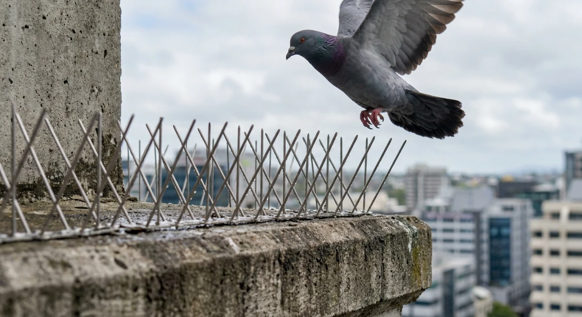 Stainless steel bird spikes blocking a pigeon from landing on a ledge