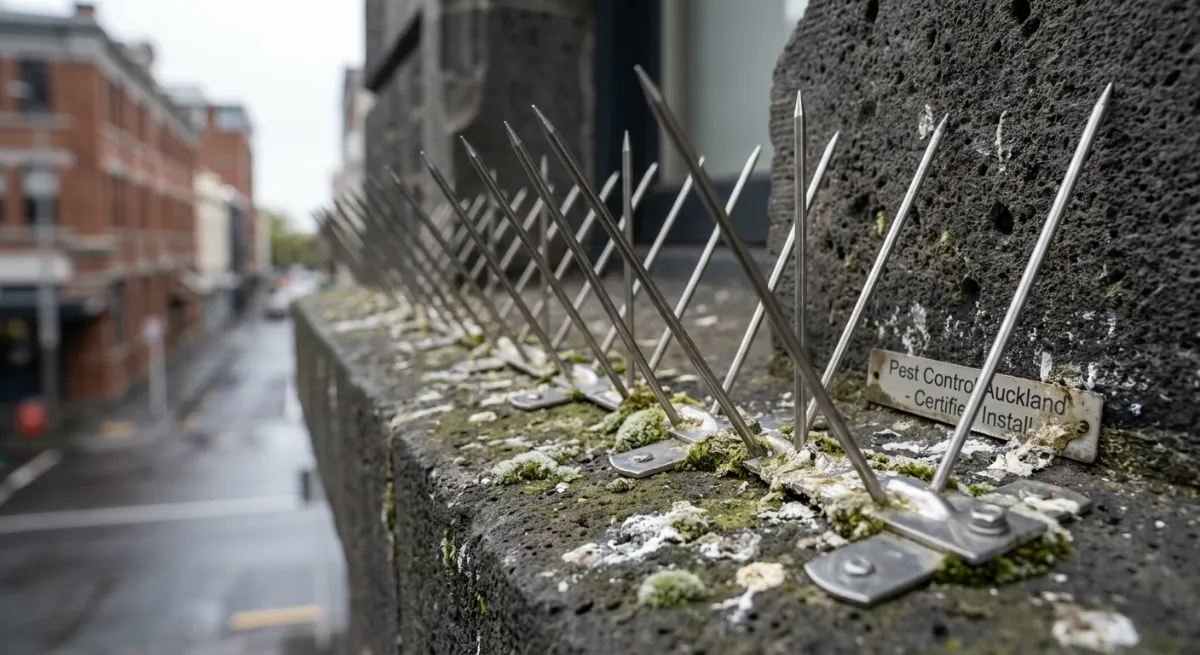 Stainless steel bird spikes installed on a Central Auckland building ledge to prevent pigeon roosting