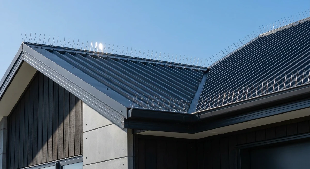 Stainless steel bird spikes installed on a residential roof
