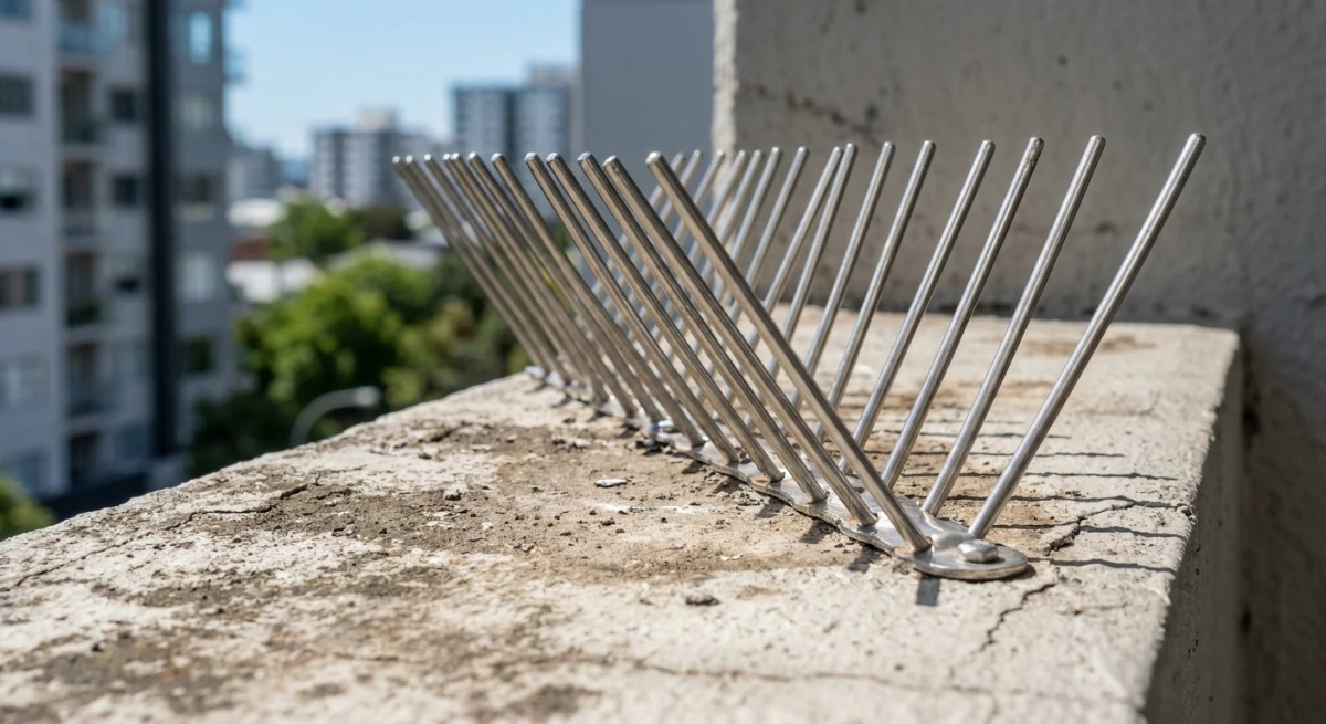 Stainless steel pigeon spikes installed on a building ledge