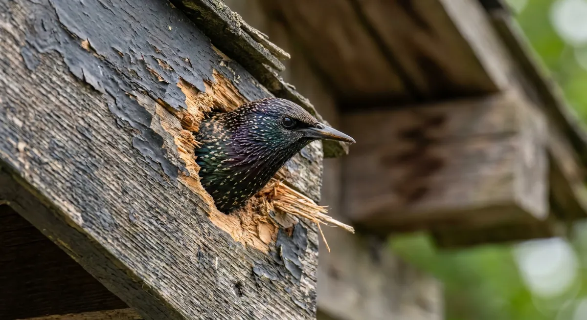 Starling squeezing through a broken structural gap in a house eave