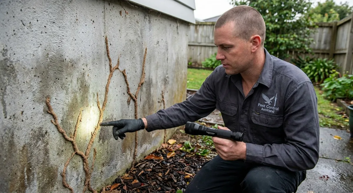 Subterranean termite mud tubes on a concrete foundation
