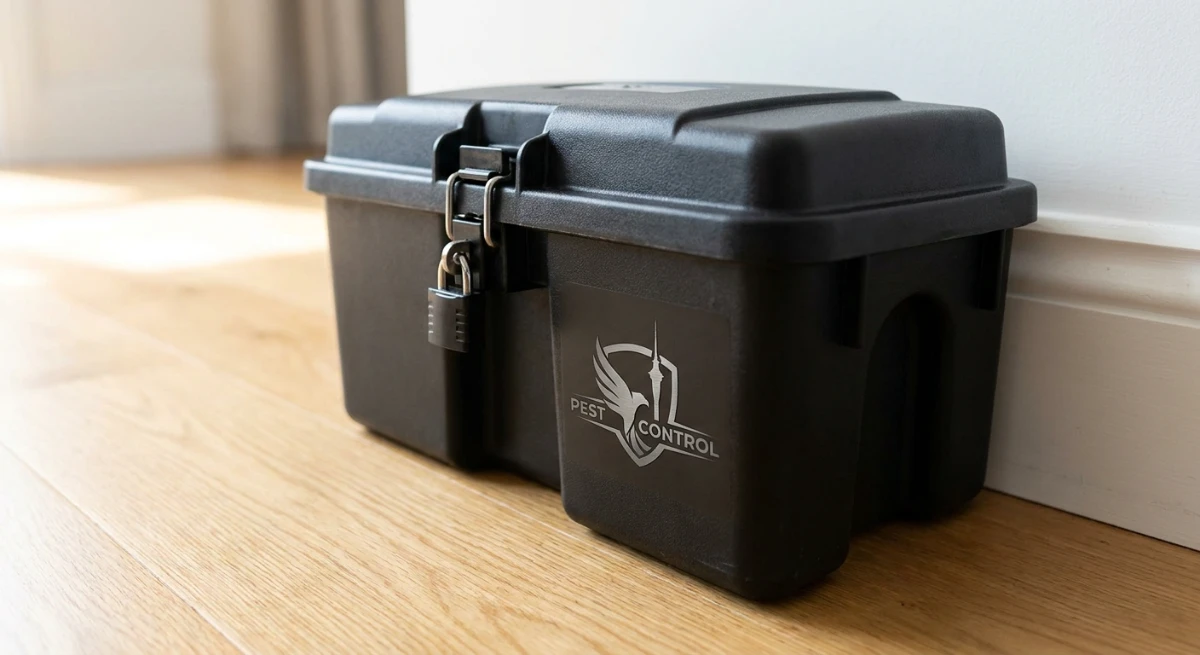 Tamper-proof rodent bait station securely locked against a wooden skirting board