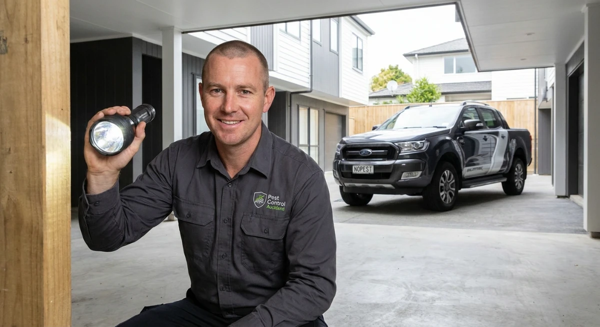 Technician conducting a commercial pre-purchase pest audit in Auckland