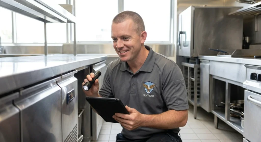 Technician inspecting a commercial kitchen for zero emission pest control