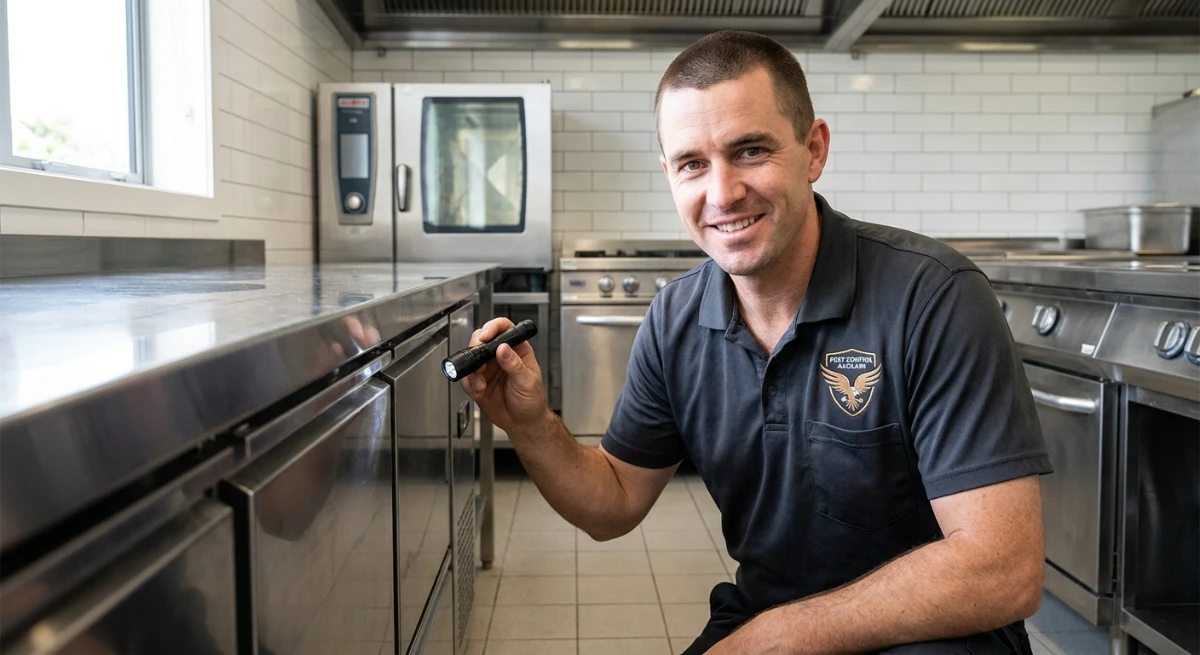 Technician inspecting commercial kitchen for pest entry points