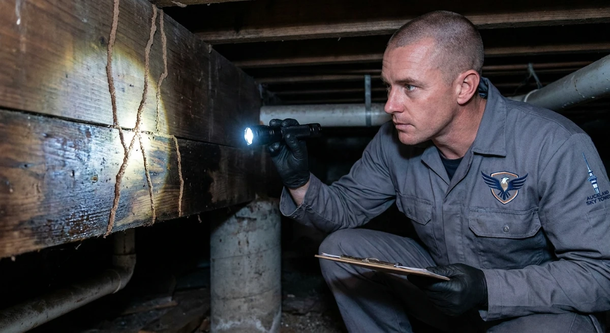 Technician inspecting for termites in Auckland