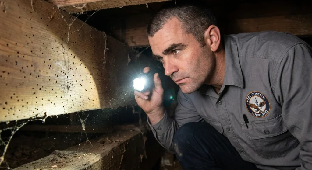 Technician inspecting historical timber in an Auckland villa for borer damage