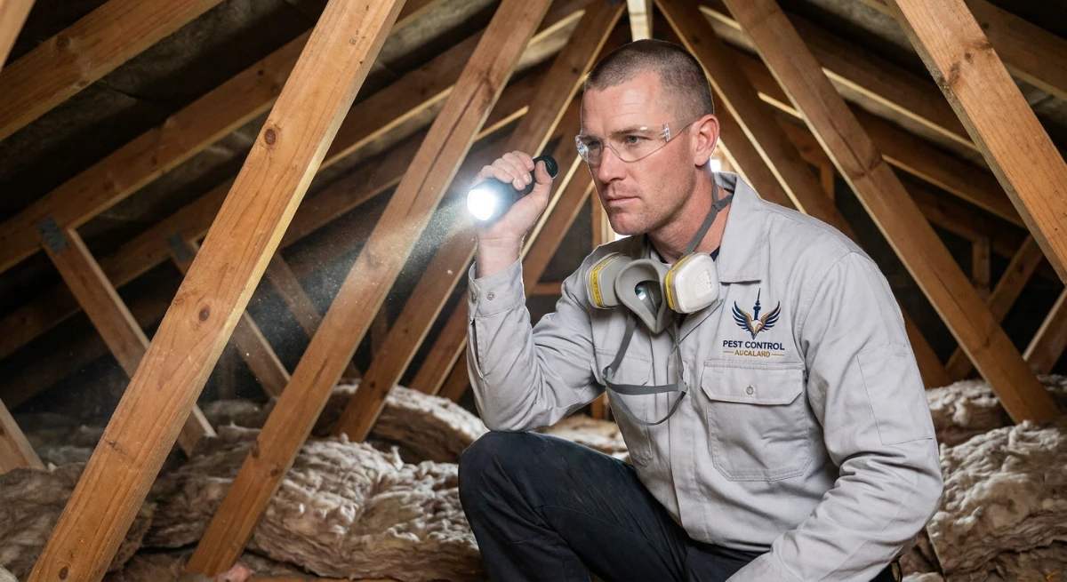 Technician inspecting roof cavity for rodents in Auckland