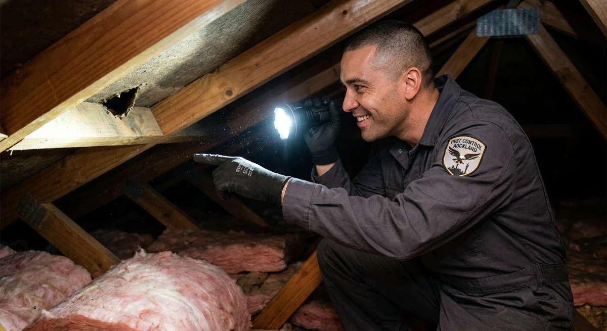 Technician inspecting roof cavity for rodents in Auckland