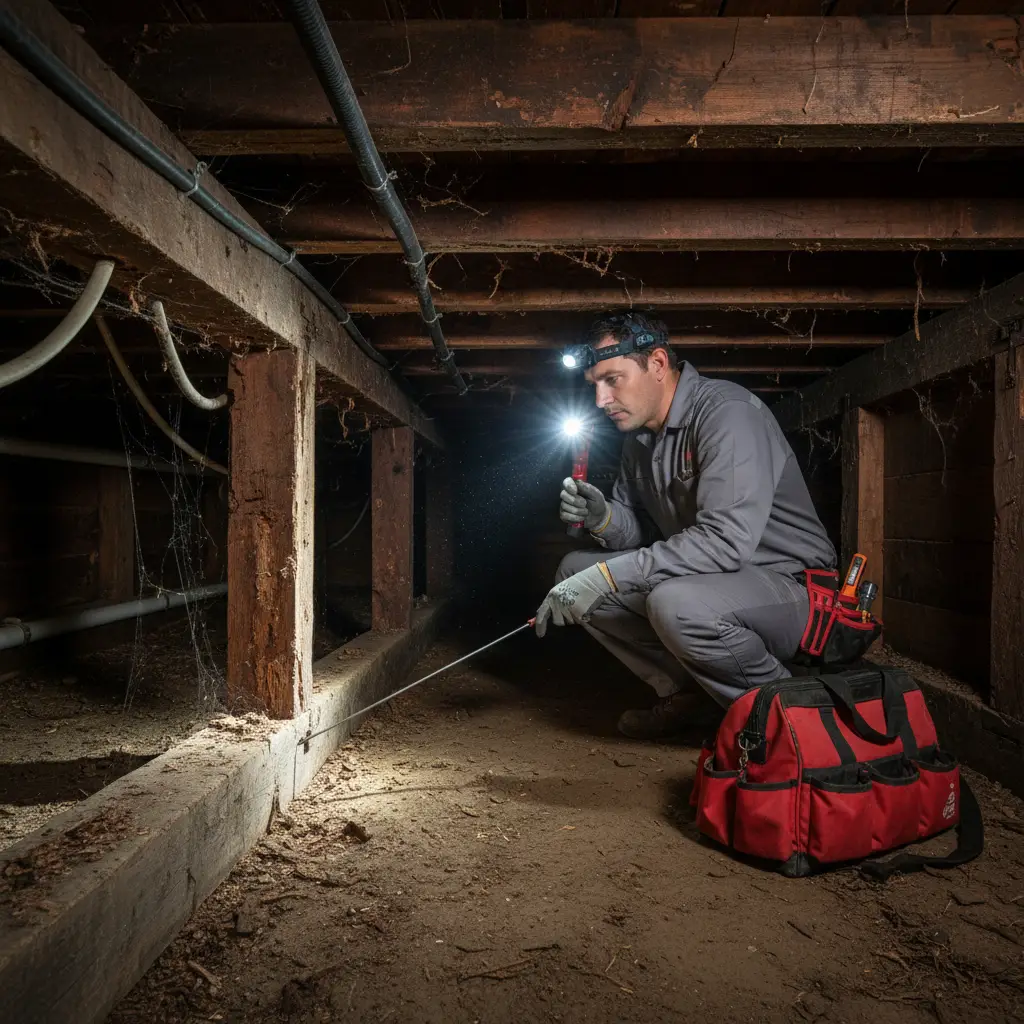 Technician inspecting subfloor for borer damage