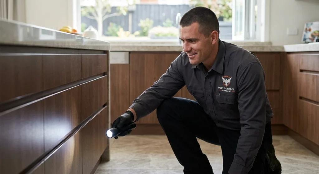 Technician performing cockroach and ant extermination inspection