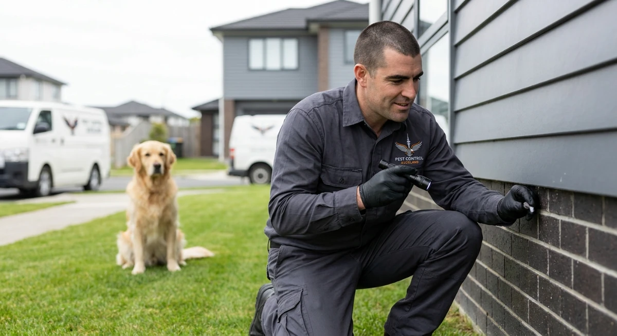 Technician performing Pet Safe Rodent Control in West Auckland