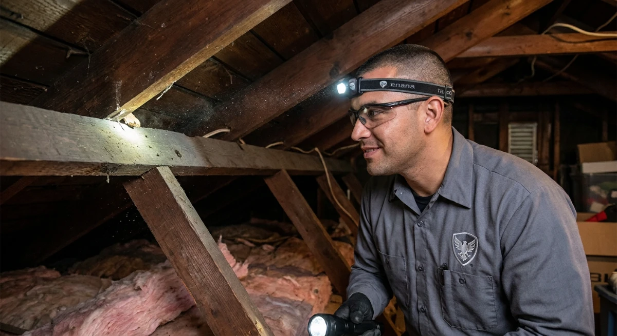 Technician performing rodent structural exclusion in a West Auckland roof