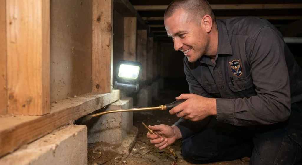 Technician performing sub-floor and wall cavity dusting in Auckland