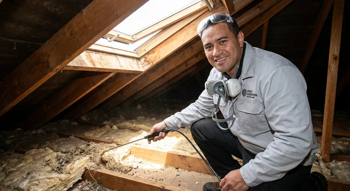 Technician removing bird nests and decontaminating a roof cavity